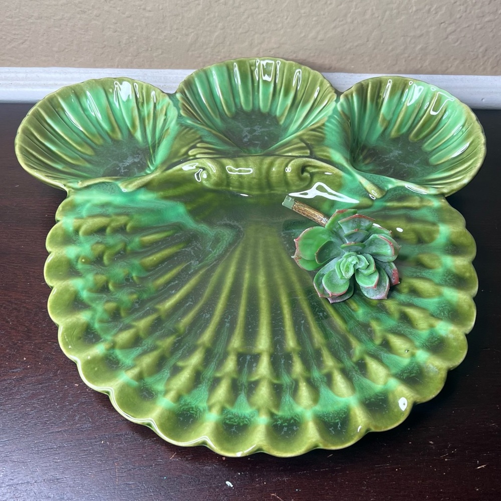 Vintage 1960's California Pottery Shell 3-well Platter, Midcentury Decor,Emerald